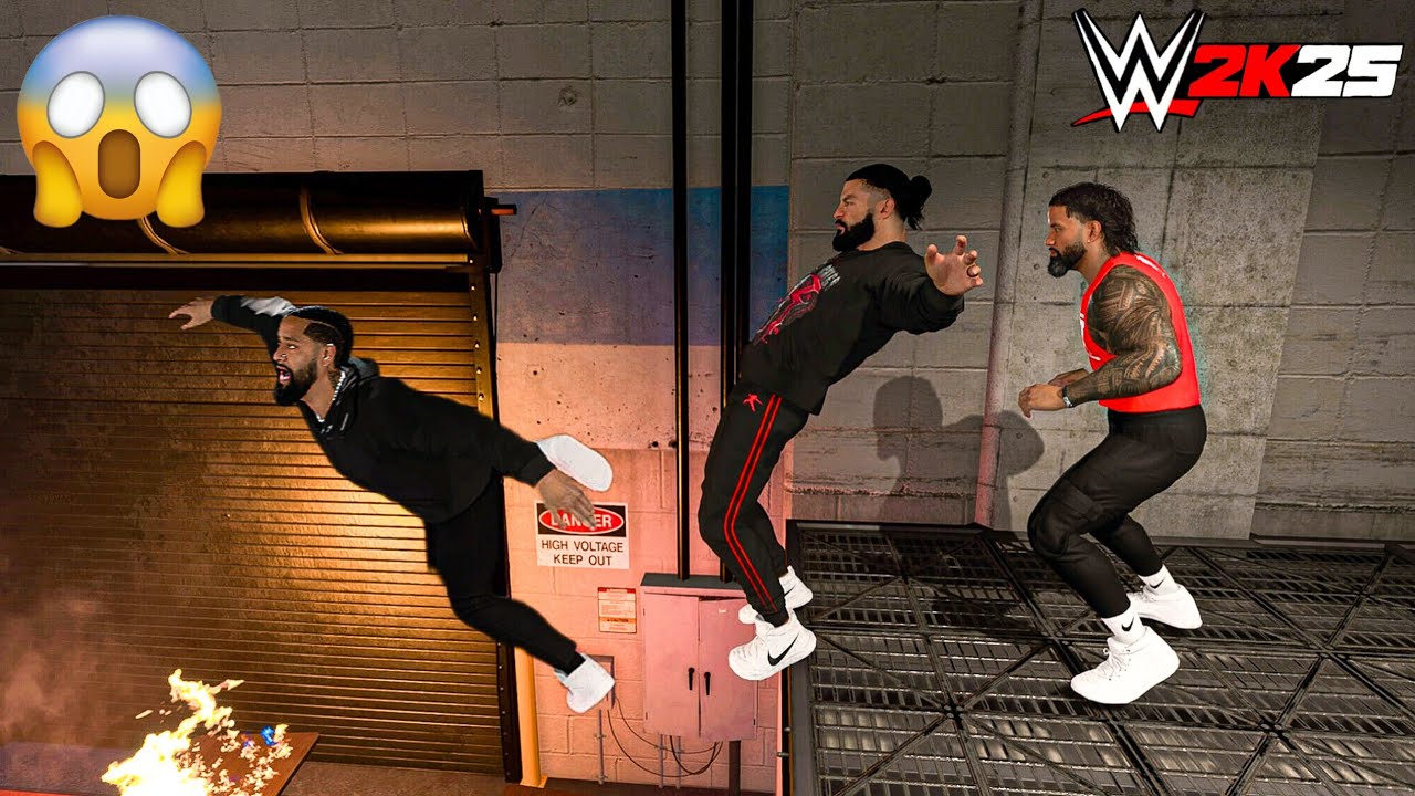 Джей Усо нападает на Романа Рейнса и Джимми Усо за кулисами — геймплей WWE 2K25