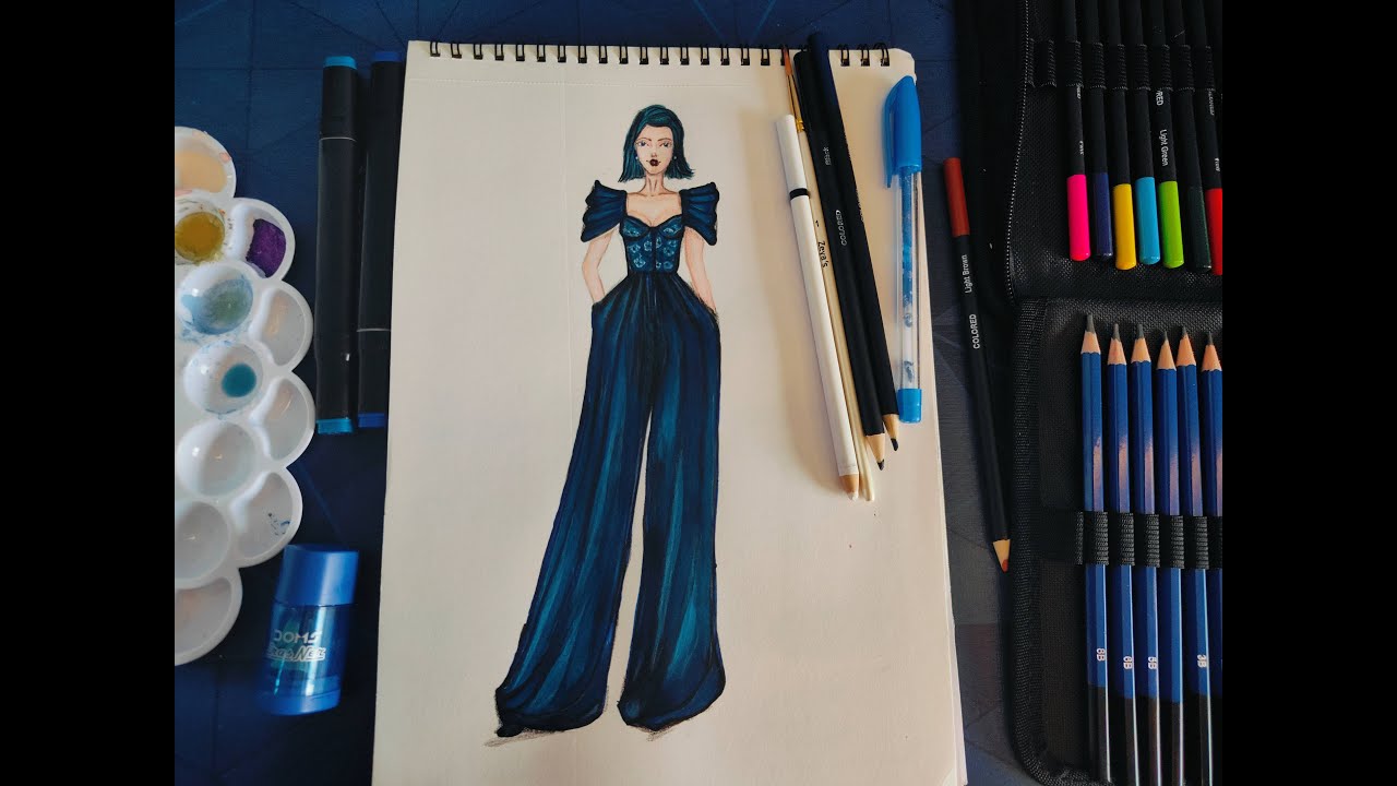 Elegant Navy Blue Jumpsuit Fashion Illustration | Step-by-Step#satisfying  #jumpsuit #navyblue#art
