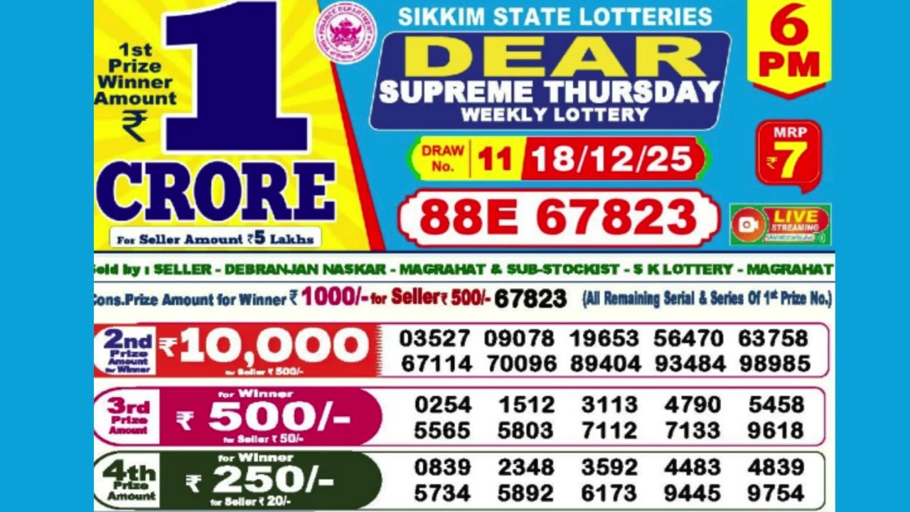 DEAR SUPREME THURSDAY WEEKLY LOTTERY TODAY RESULT 6 PM 18/12/25#latest lottery result