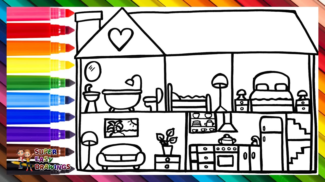 Draw and Color a Big House From The Inside 🏠🛋️🚽🛏️🌈 Drawings for Kids