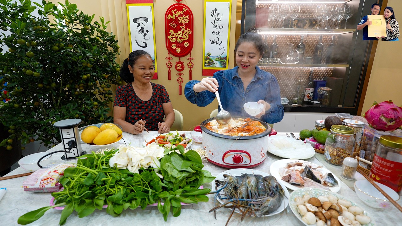 Làm Sâm Ngọc Linh ngâm mật ong ăn Nồi lẩu thái hải sản tôm càng siêu ngon ở Nhà Phạm Dũng Phan Diễm