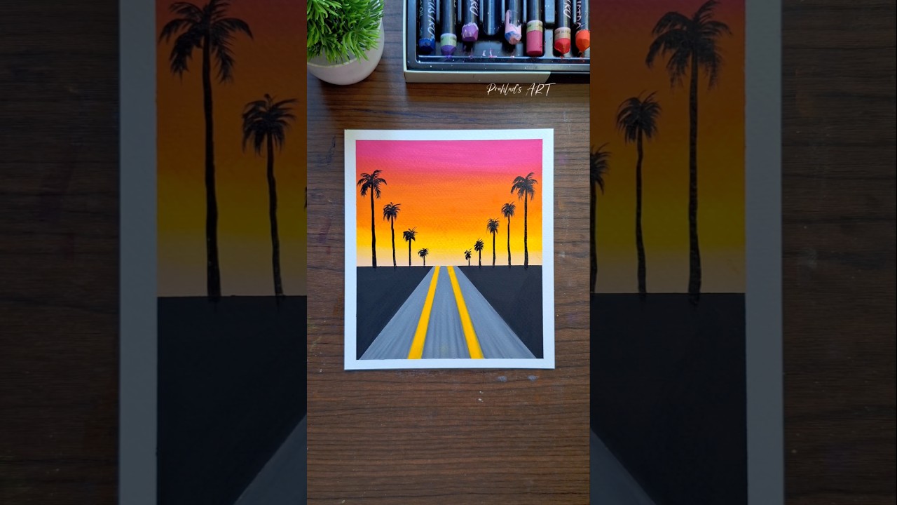 🌴 Sunset Road Painting | Oil Pastel Art  #art #drawing  #oilpastel  #sunset