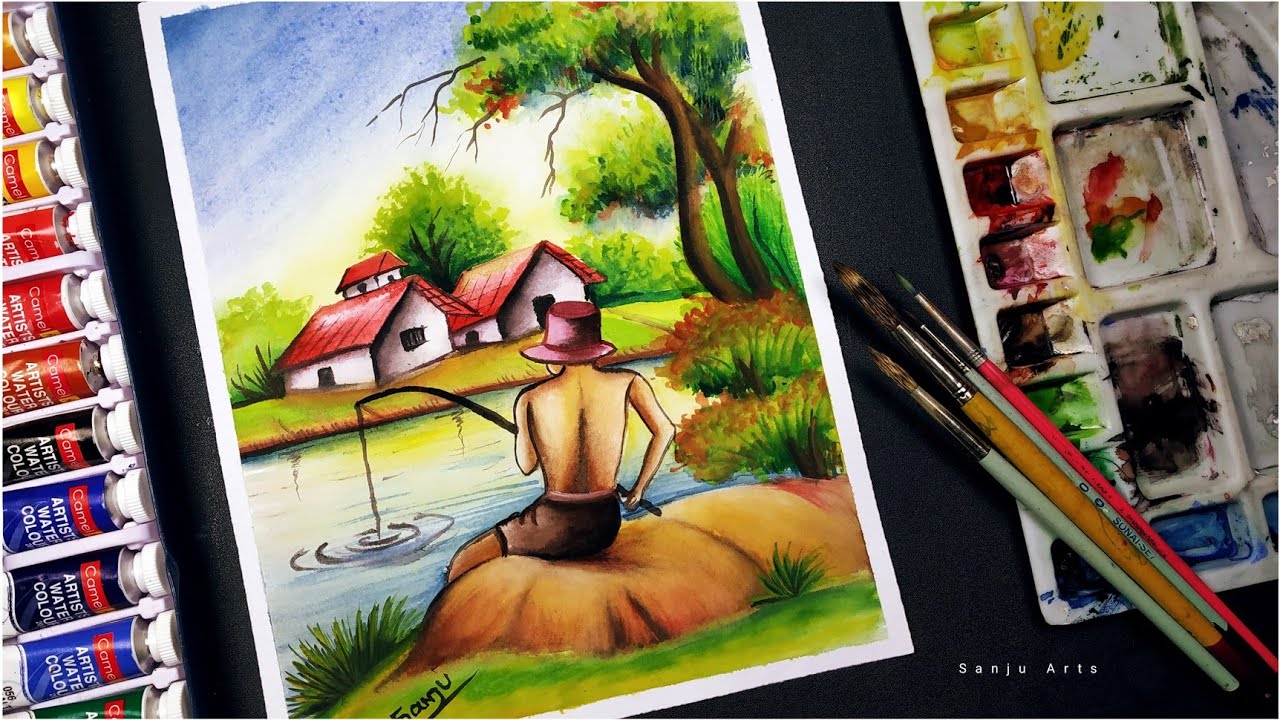 Watercolor painting | How to draw scenery of fishing step by step | Sanju Arts