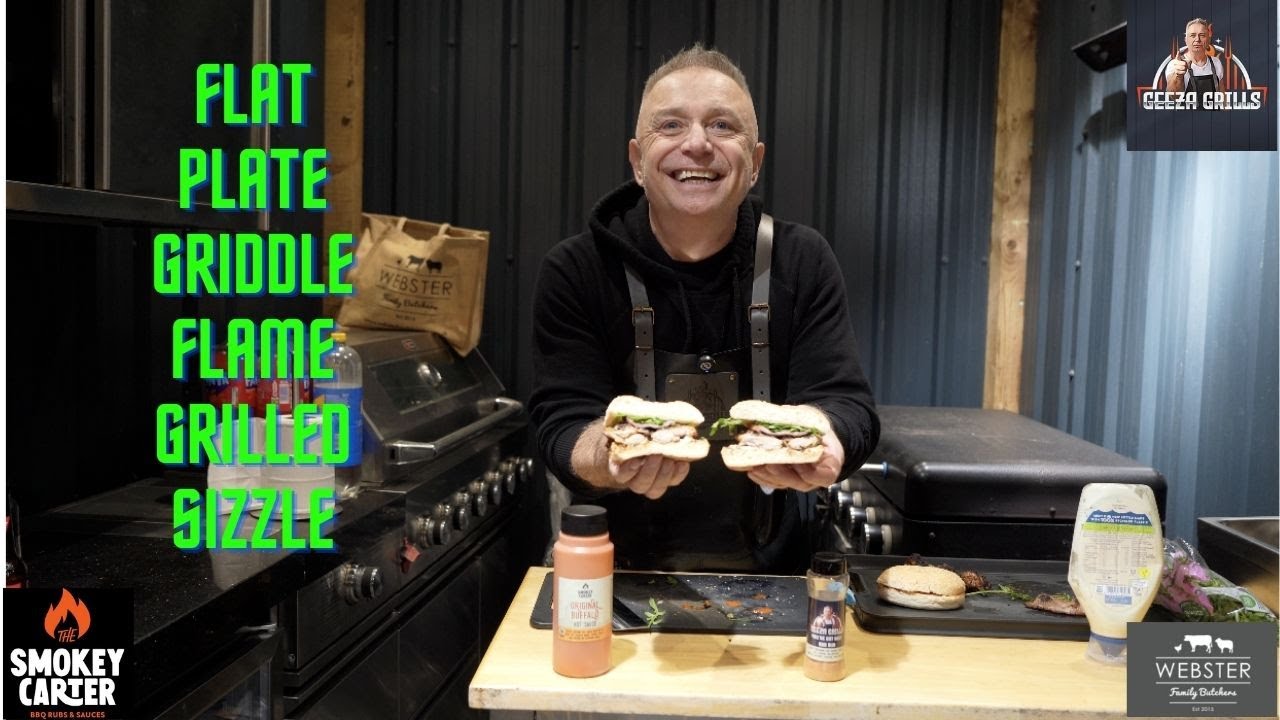 flat plate griddled flame grilled sizzled chicken and bacon thigh burgers