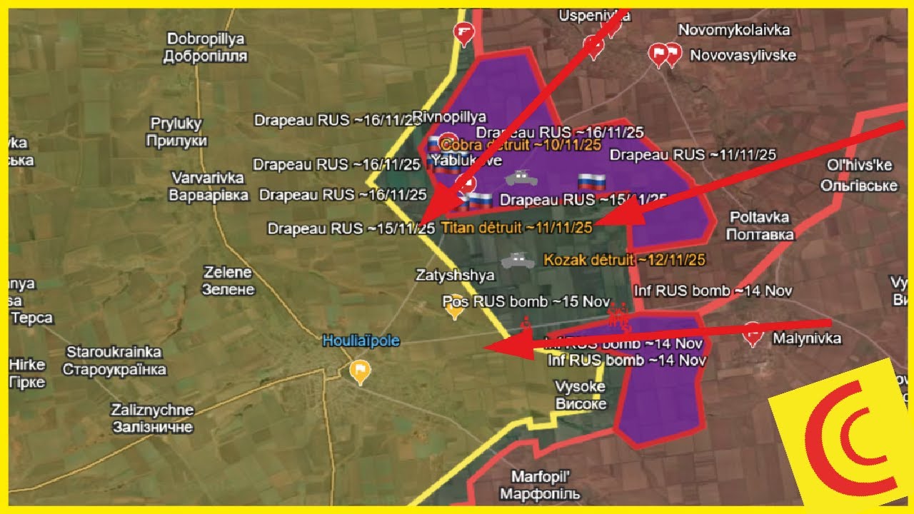 Conflit Ukraine 18/11/25: Houlia&iuml;pole menac&eacute;e par l'Est | Gains territoriaux RUS records sur 7 jours