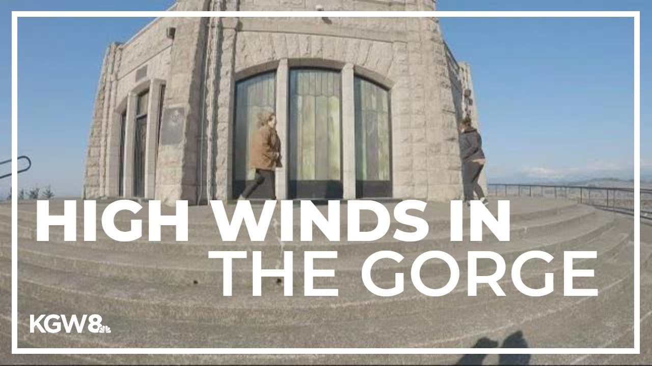 Tourists visit Crown Point amid strong wind warning in the Columbia River Gorge