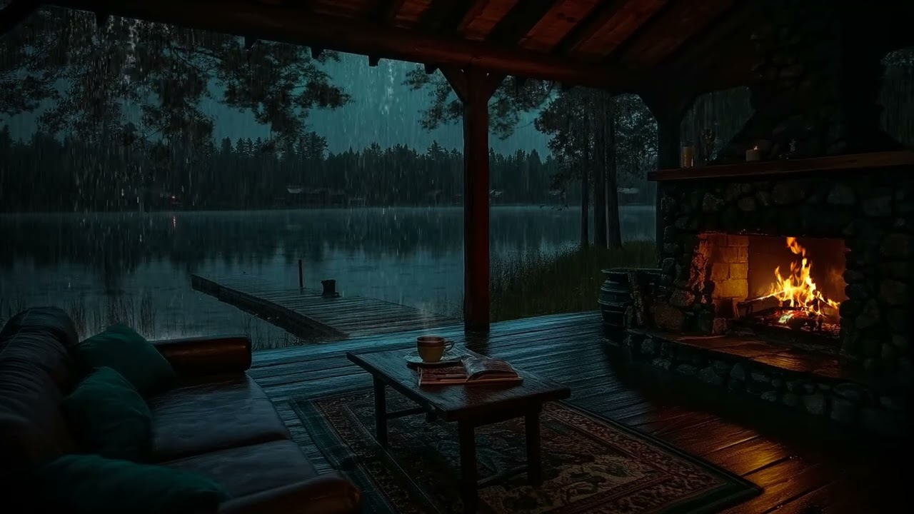 Calming Rain in a Quiet Cabin by Lakeside (No Ads) 🌧🔥 | Peaceful Fire Sounds for Deep Sleep & Relax