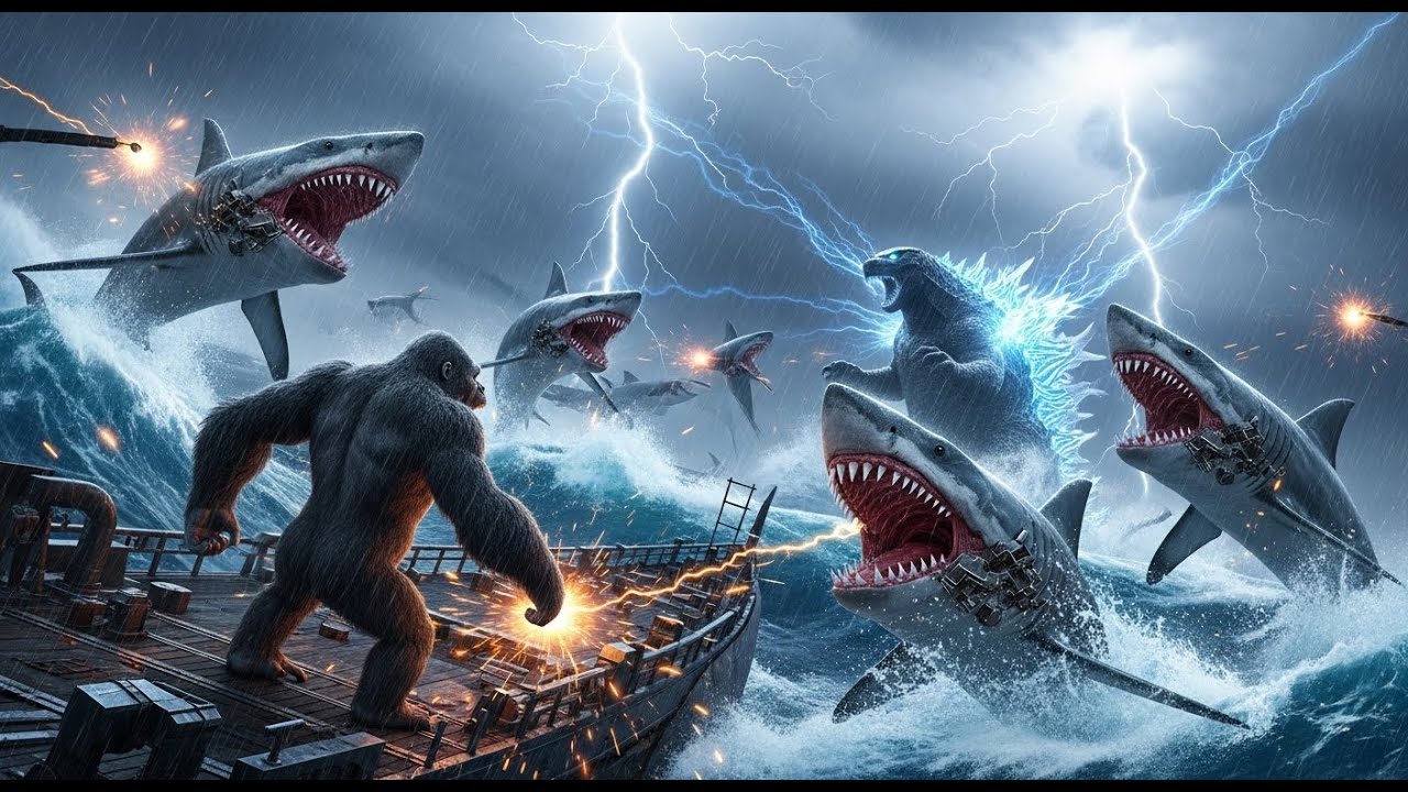 king kong and godzilla fight against metal eating sharks epic showdown