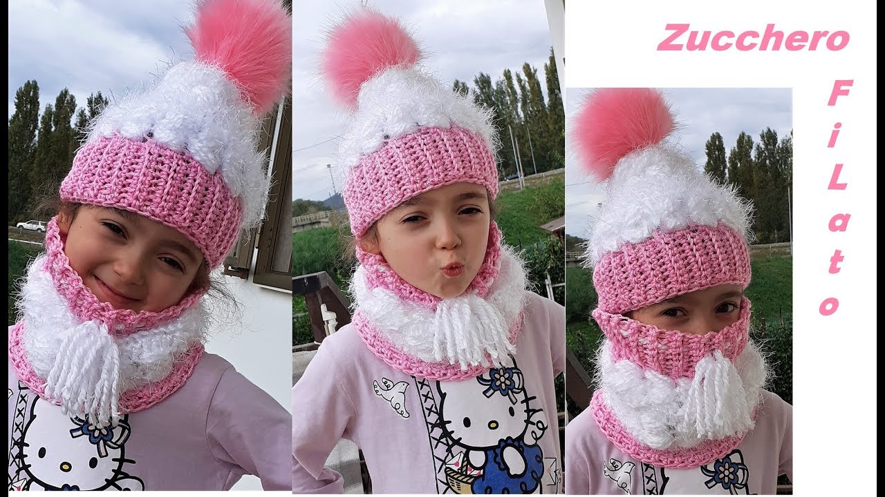 Coordinato 🍭Zucchero Filato🍭 Cappellino e Scaldacollo per Bambini e per Adulti ad uncinetto Crochet