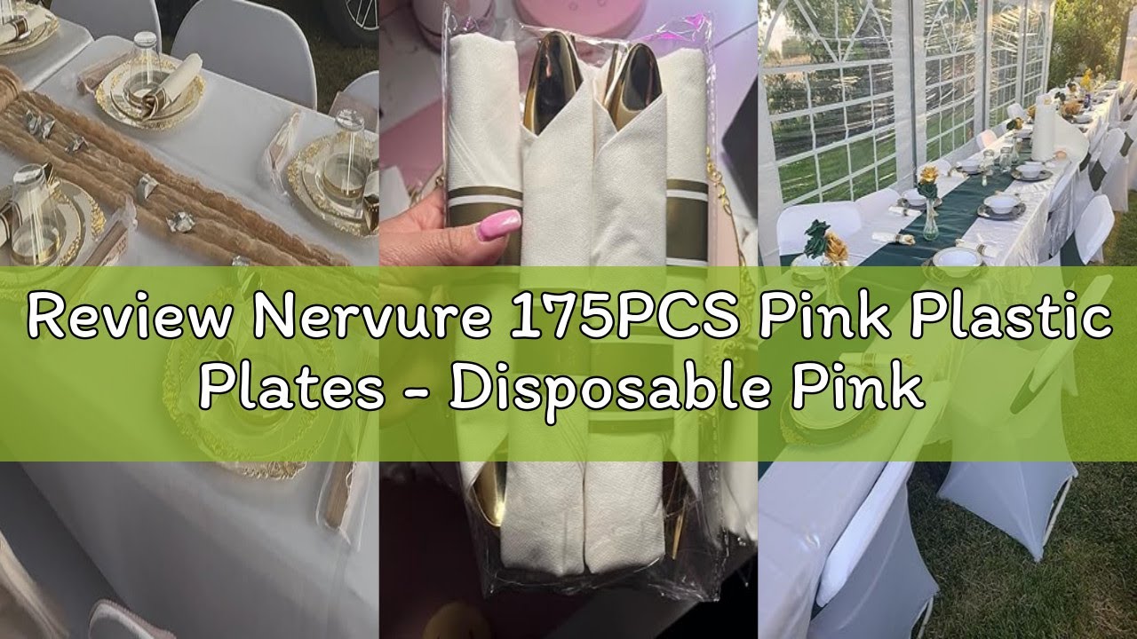 Review Nervure 175PCS Pink Plastic Plates - Disposable Pink Gold Party Plates & Pre Rolled Napkins w