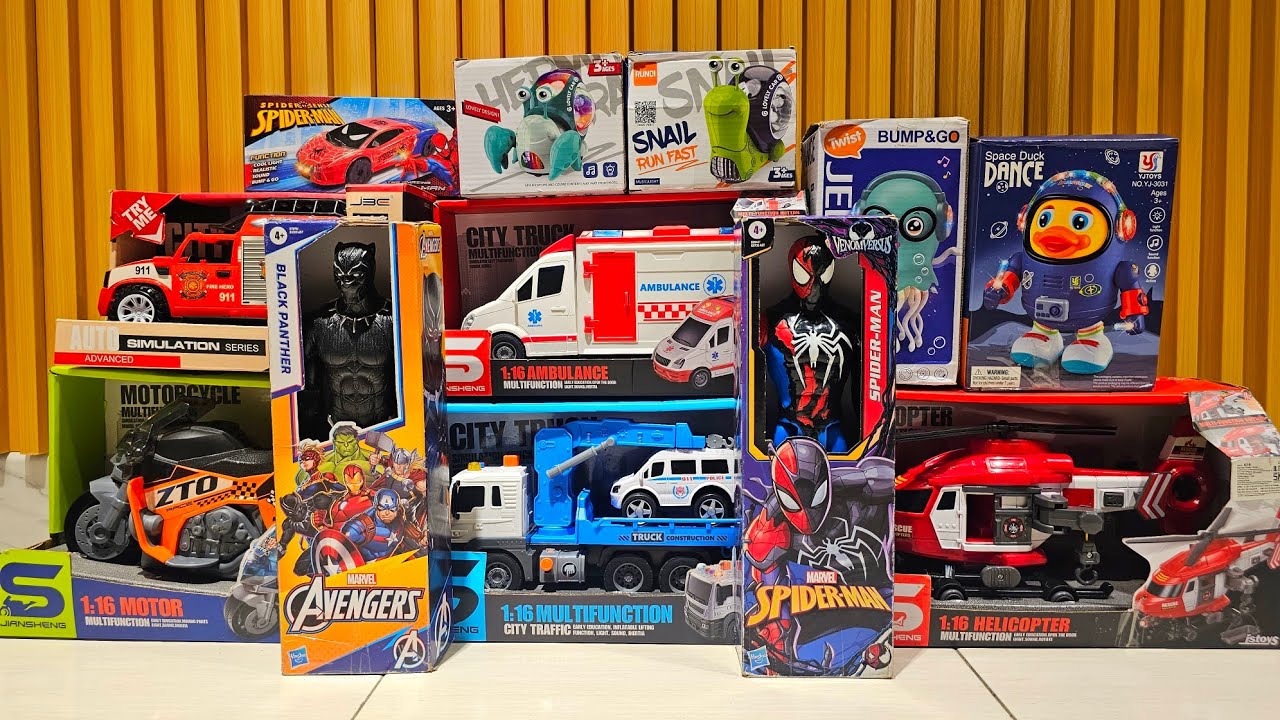 Unboxing Kereta Api, Mobil Polisi, Mobil Ambulans, Truk Pemadam, Bus, mobil oleng