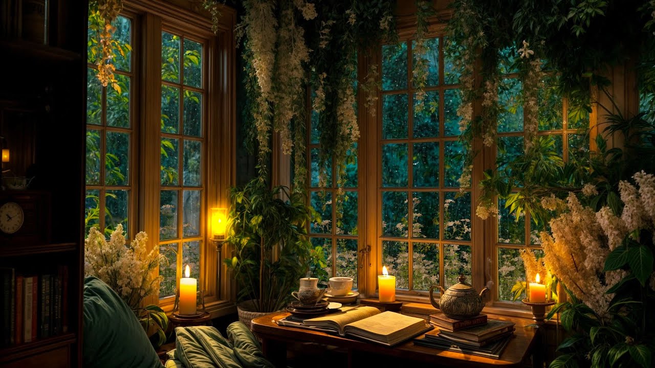 [ Old Library Serenity] Rain and Thunder Sounds with Warm Tea & Cozy Vibes