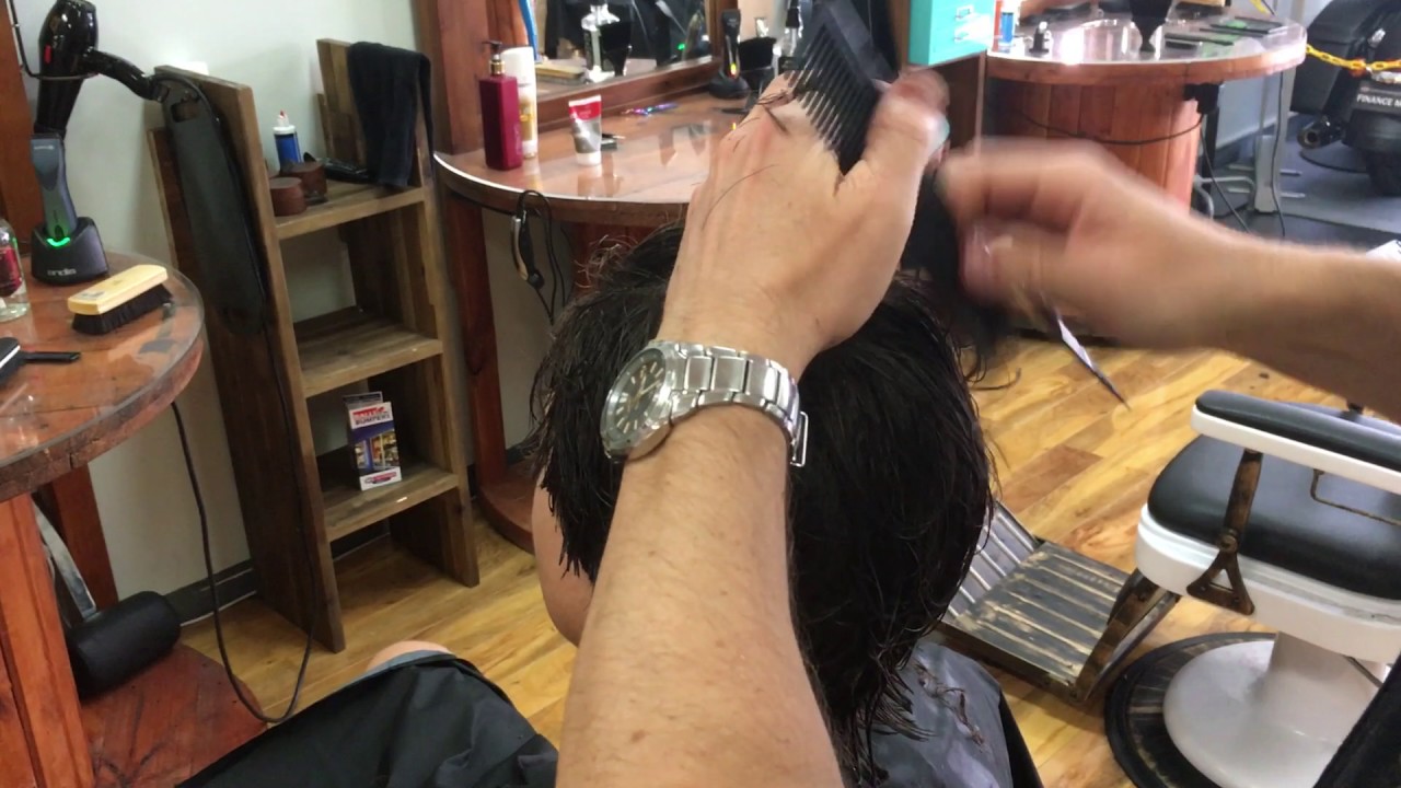 Steve's Barber Training, Mens cut with layers. Long hair