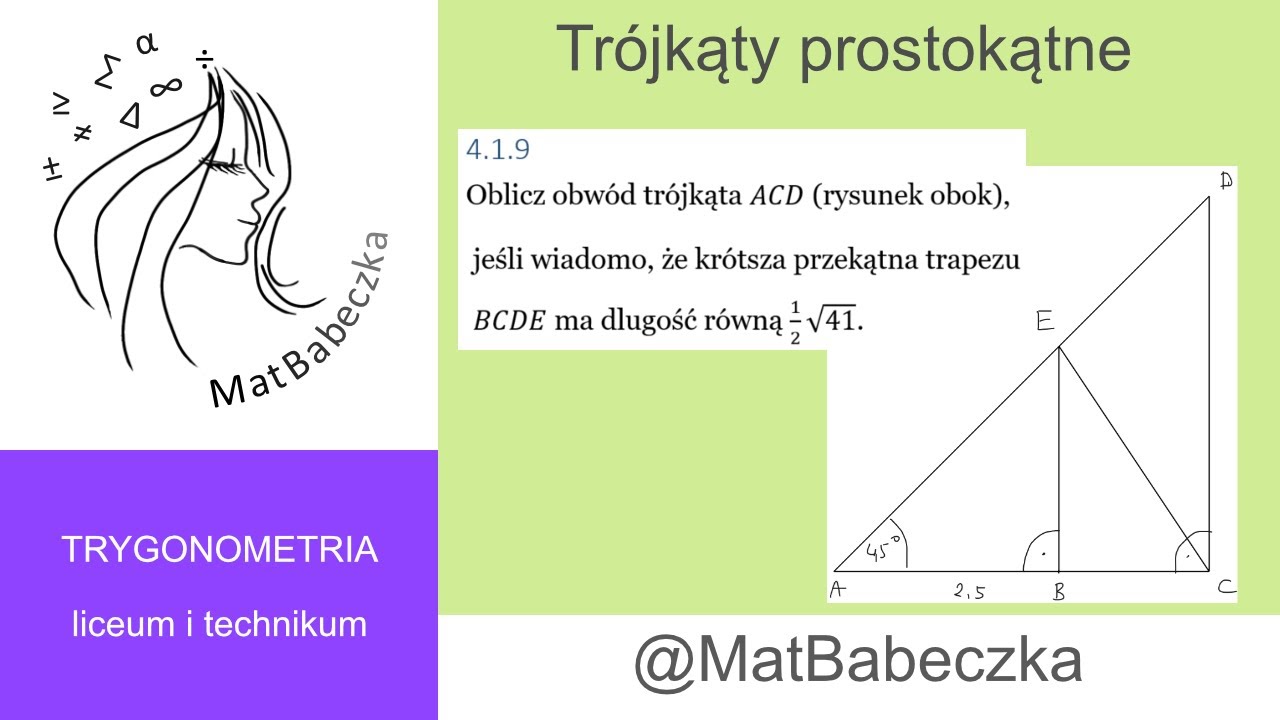 4.1.9 Oblicz obw&oacute;d tr&oacute;jkąta ACD, jeśli kr&oacute;tsza przekątna trapezu BCDE ma długość r&oacute;wną 1/2&radic;41.