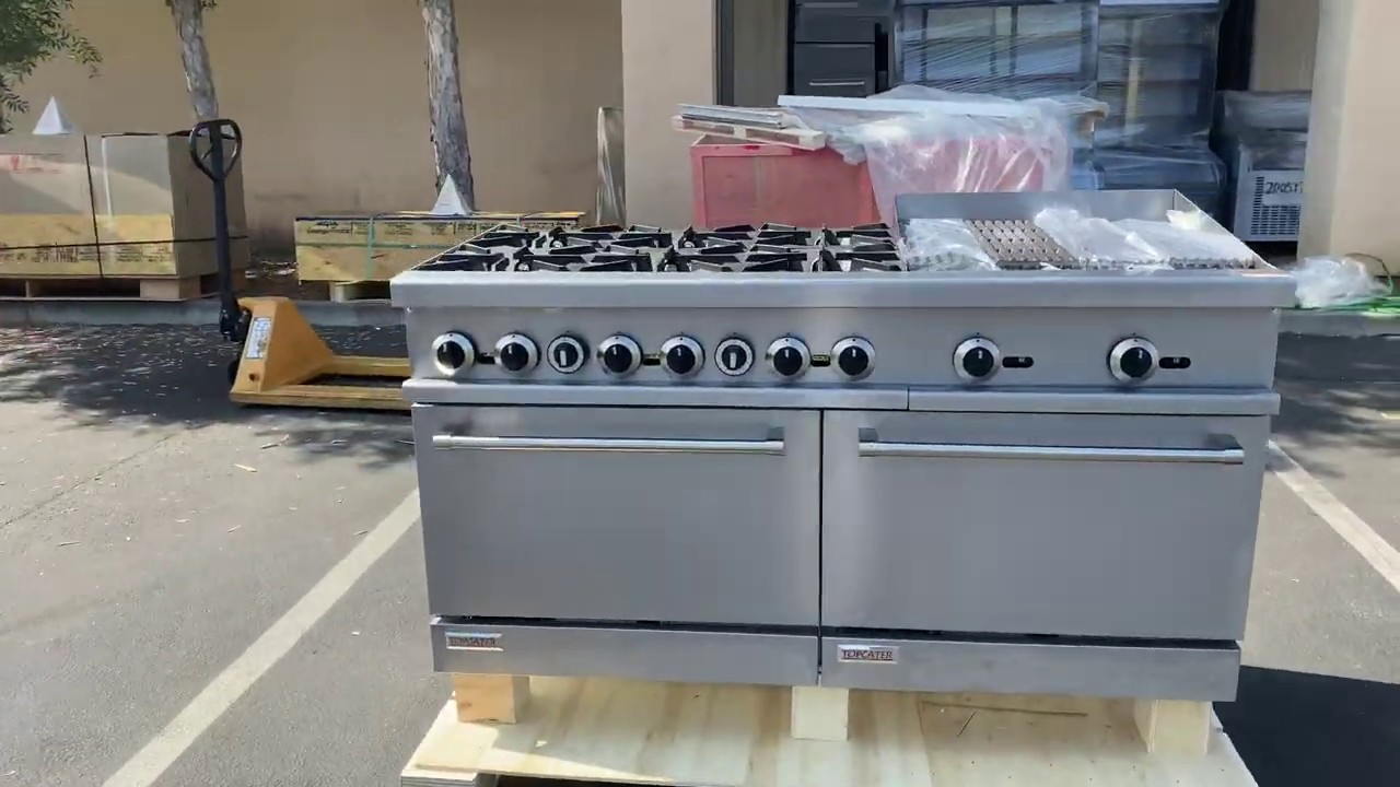 Commercial 6 Burner Double Oven Gas Range and 24 Charbroiler   in Stainless Steel, Silver