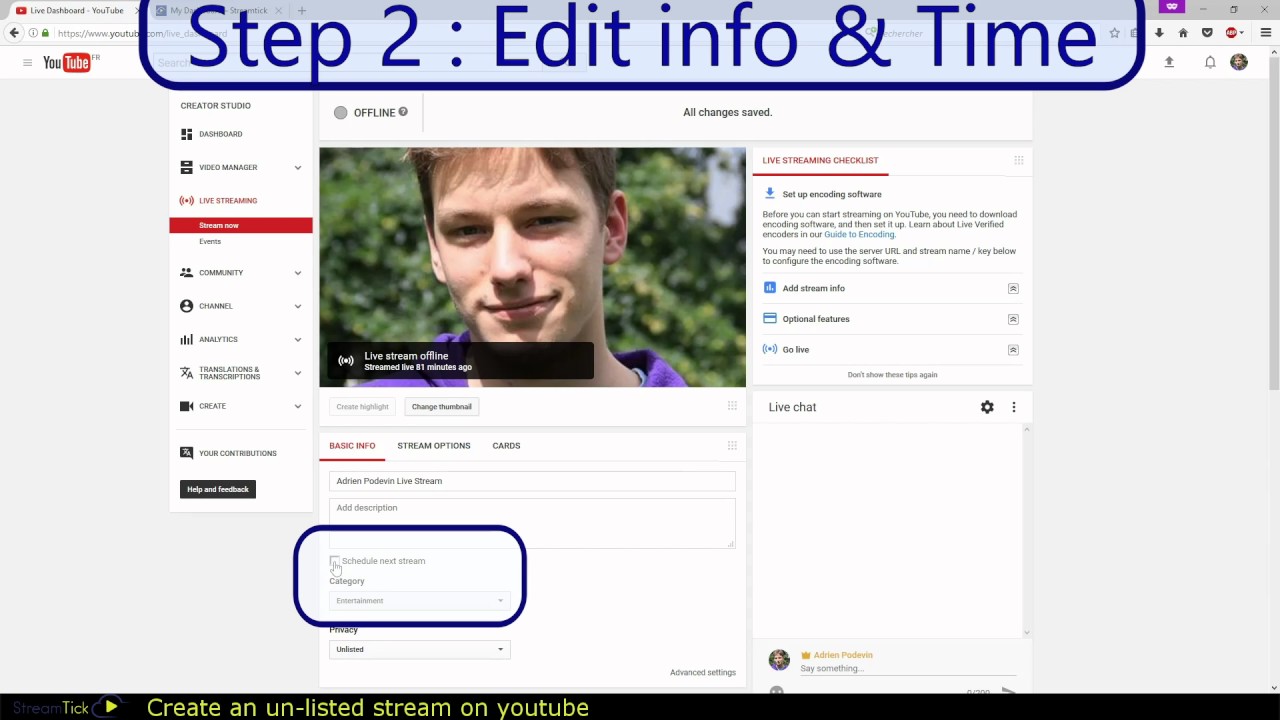 Create a private stream on Youtube for StreamTick
