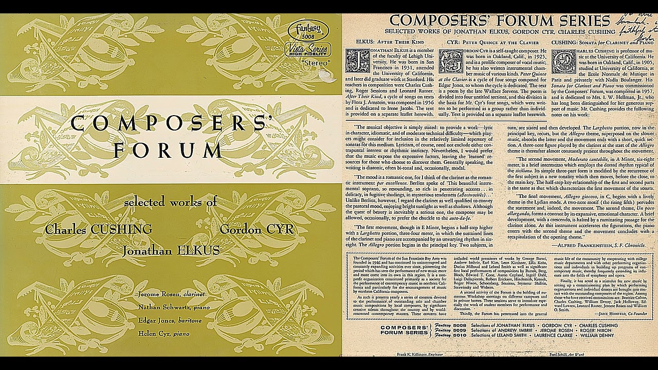 Composers' Forum: Selected Works of Cushing, Elkus, Cyr | Baritone, Clarinet, Piano | 1959 | 