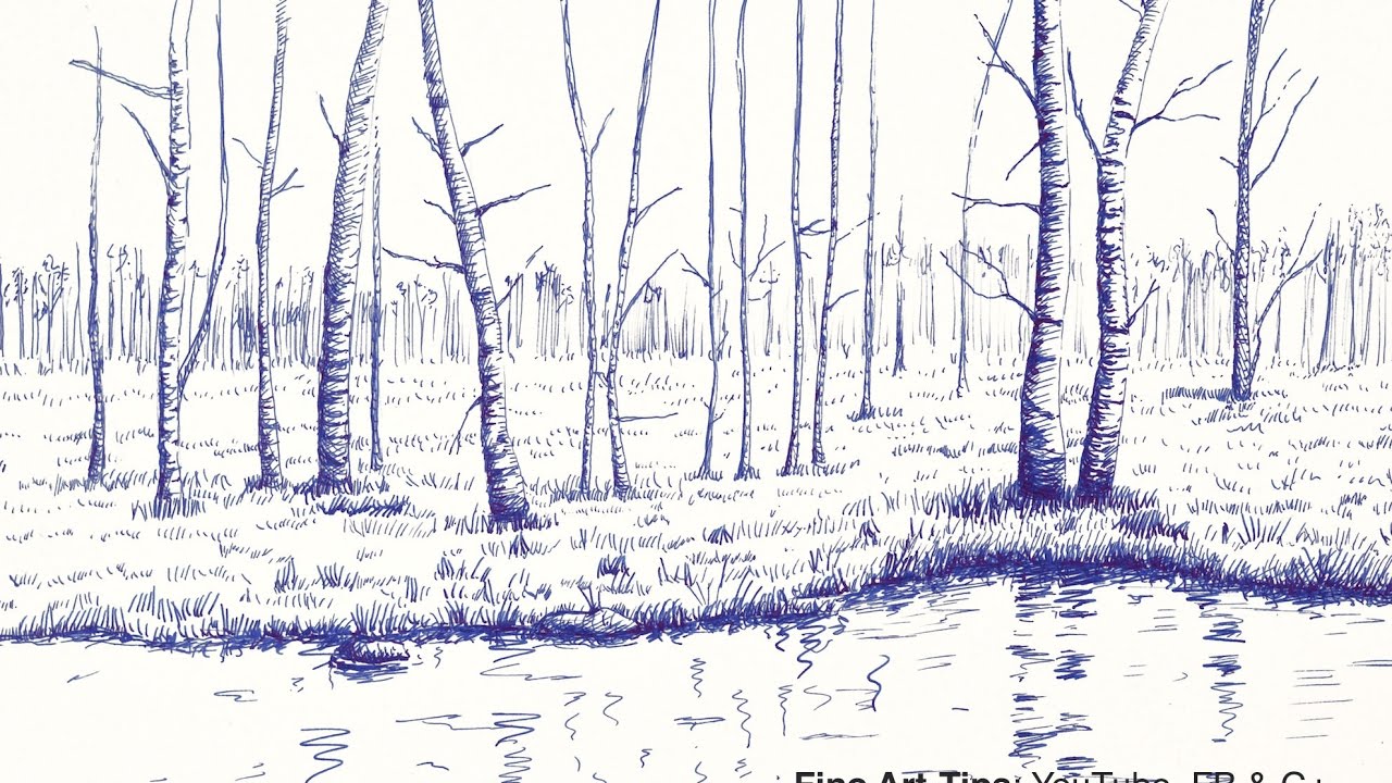 How to Draw a Landscape With Trees and Lake, With Fountain Pen