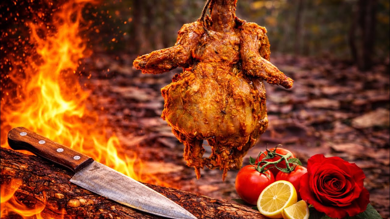 Hanging Whole Chicken on Rope Over Firewood |primitive outdoor cooking ASMR