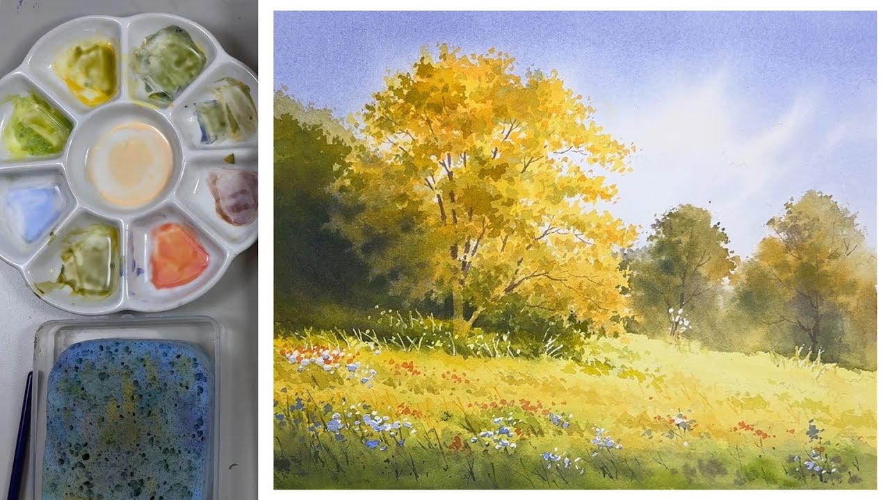 Painting Light and Shadow in Watercolor – Sunny Tree & Flower Field