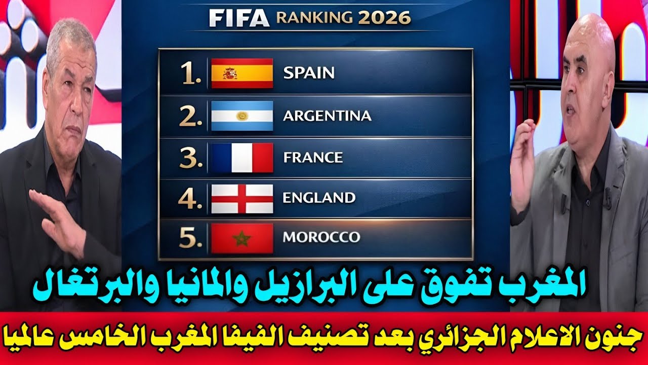 بالفيديو انقلاب وغضب الاعلام الجزائري بعد تصنيف الفيفا المغرب الخامس عالميا والجزائر ومصر 35 عالميا