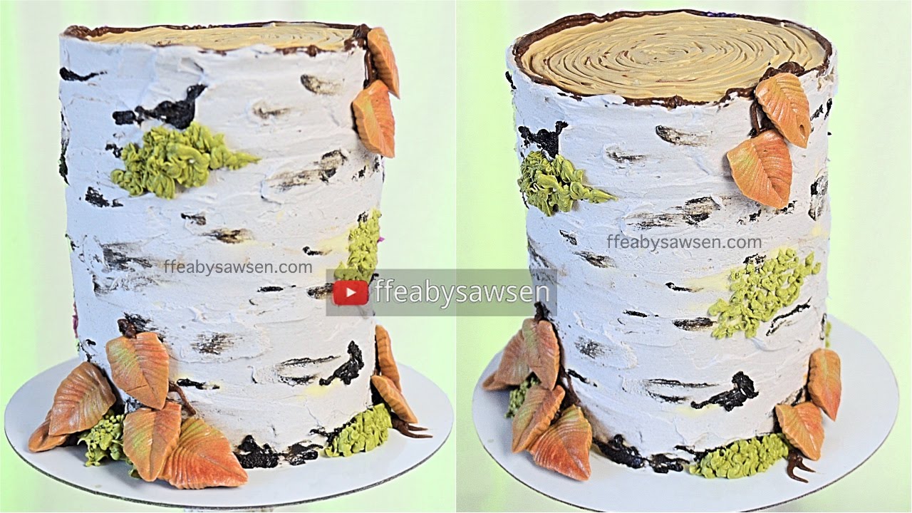 All buttercream birch tree stump cake decorating tutorial - relaxing, satisfying birch tree cake