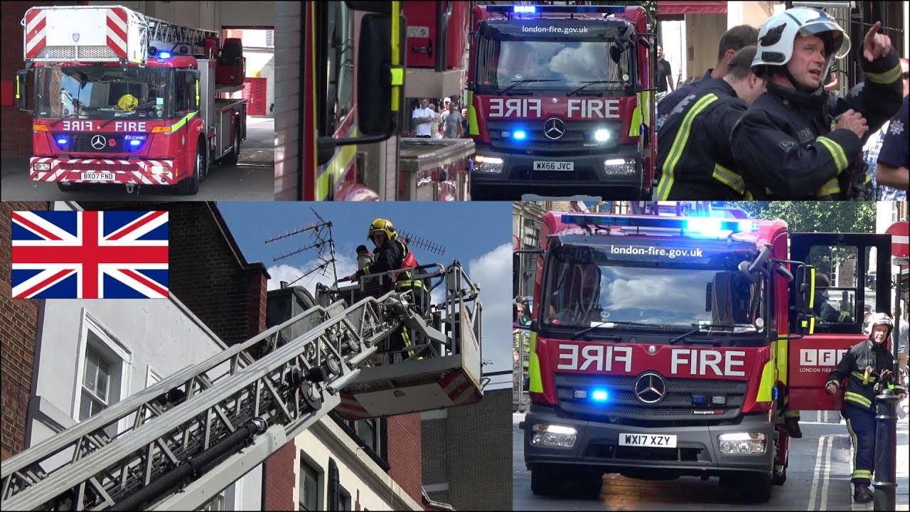 Fire trucks responding and on scene to fire alert - ladder up!