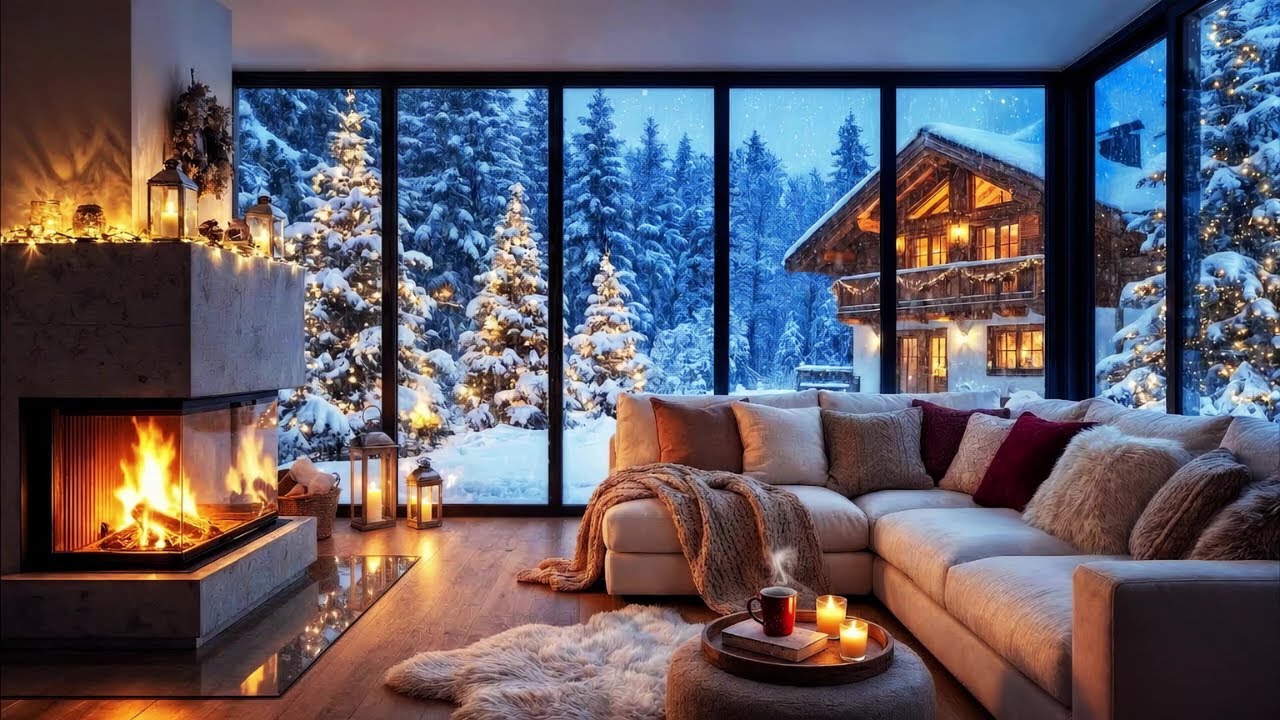 Snowy Winter Cabin ❄️ Gentle Fire Crackle & Smooth Blues Ambience