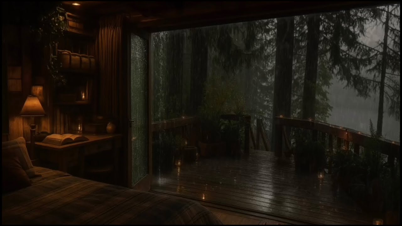 12 Hours⚡️ Forest Rain at Night in a Cozy Cabin Deck | Forest Night Sounds for Sleep