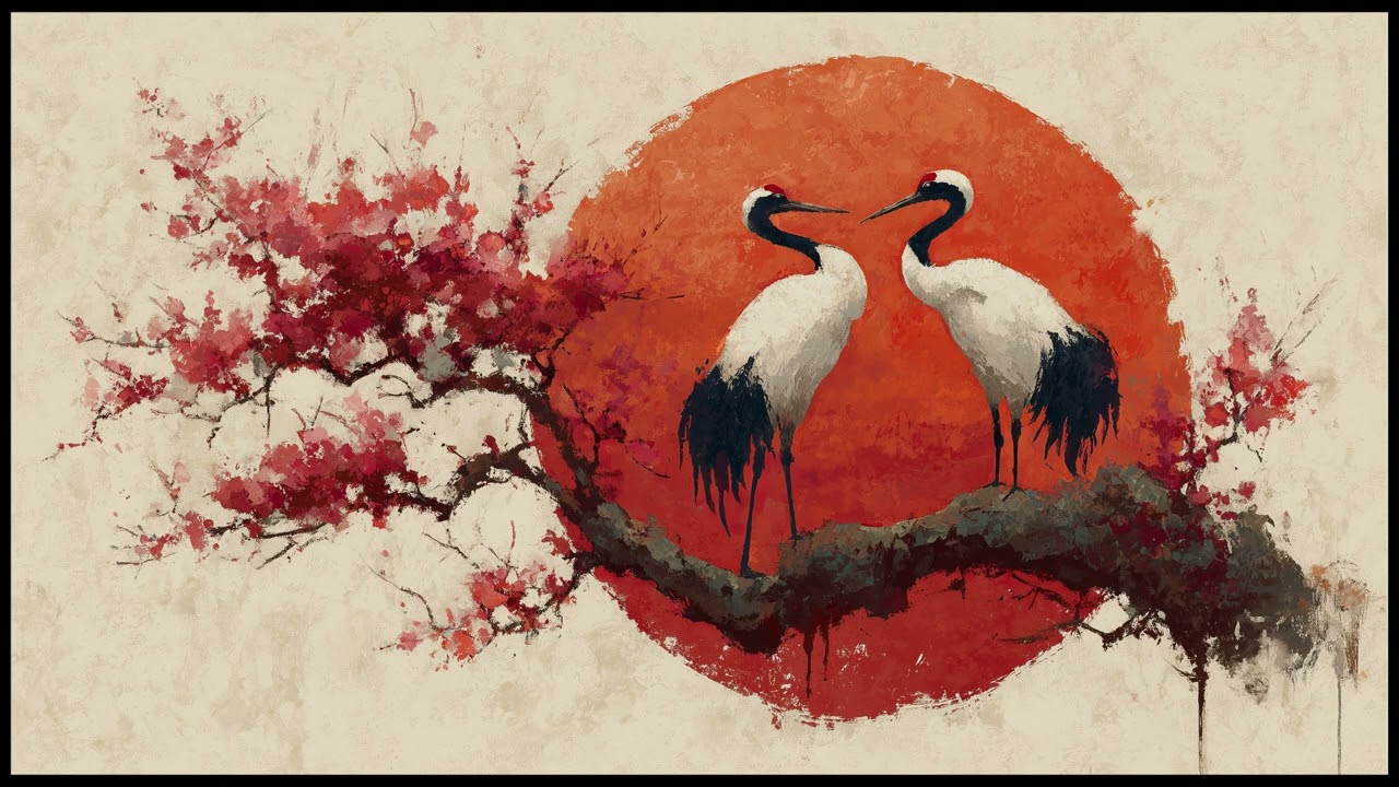 Beautiful Cranes At Dusk Painting | Still Art Screen Saver | 4K