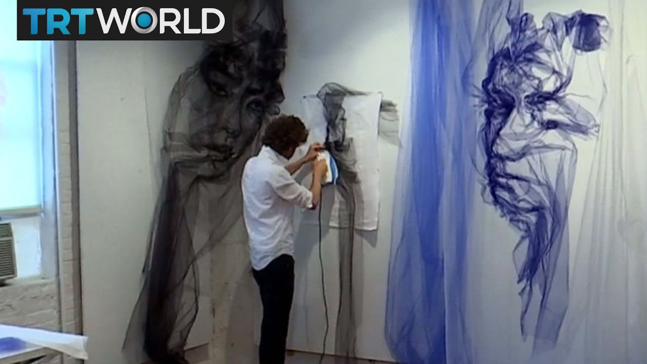Painting fabric with tulle and thread