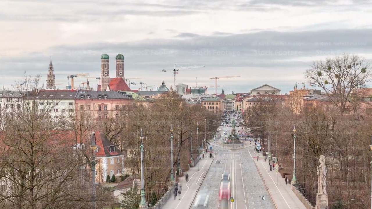 Panoramic aerial view from Maximilianeum timelapse on Maximilian Bridge and Maximilianstrasse