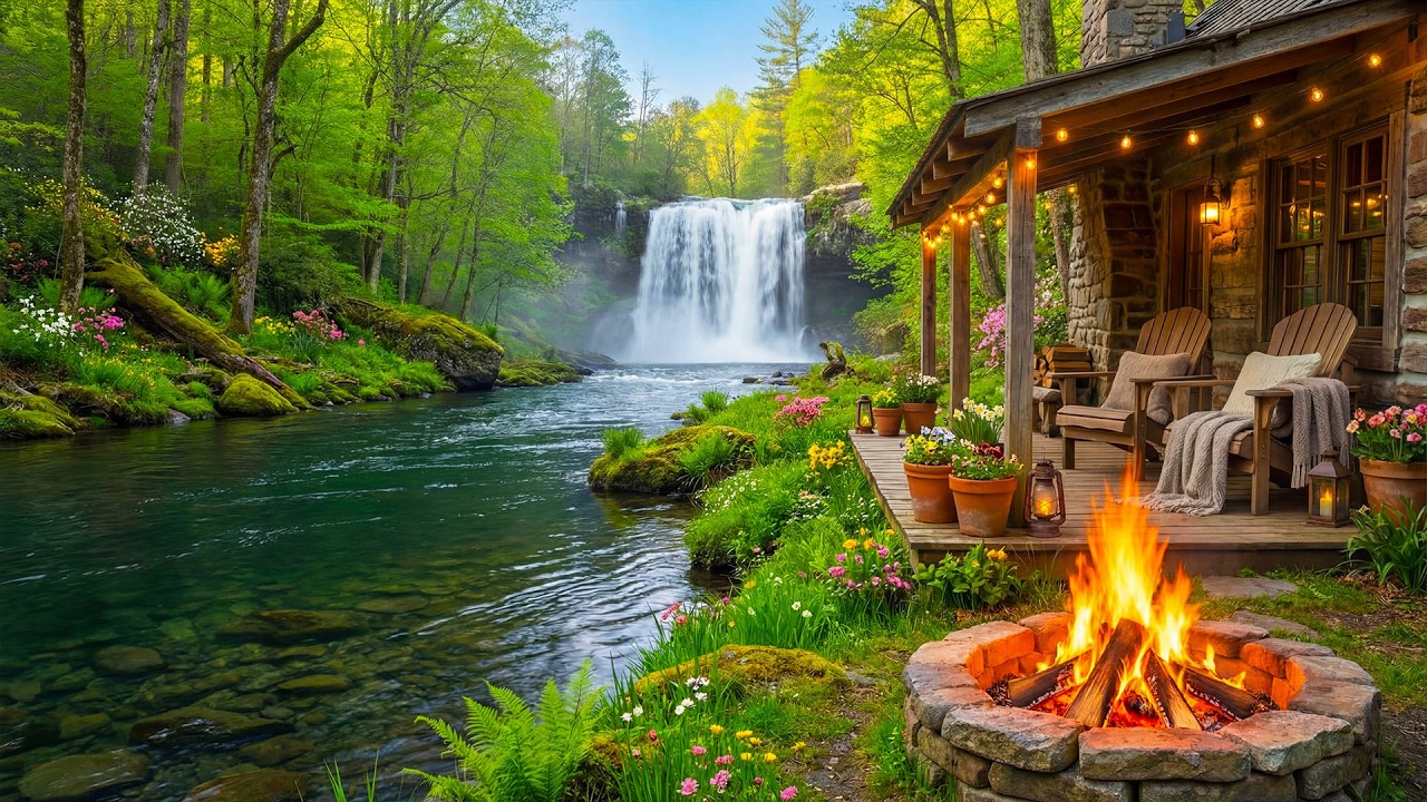 Serene Waterfall Cabin Ambience 🌊🌲 Crackling Fire, Flowing River & Deep Relaxation Sounds