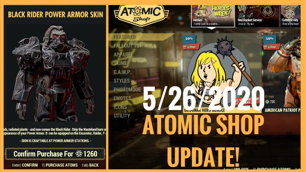 Fallout 76 : Atomic Shop Tuesday Update - Featuring Black Rider Armor, Hero Week & Other Items