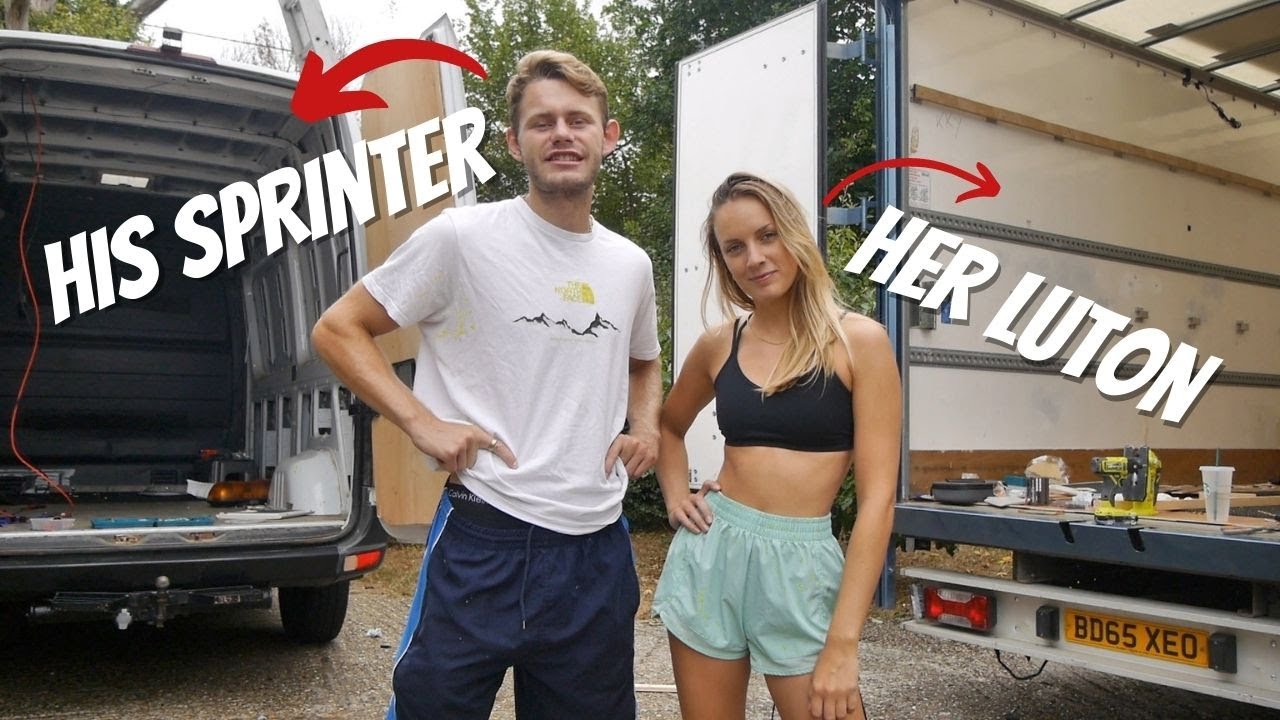 His vs. Her VAN BUILD CHALLENGE! Sprinter vs. Luton Campervan Conversion / Ep1 Solar, Fans & Windows
