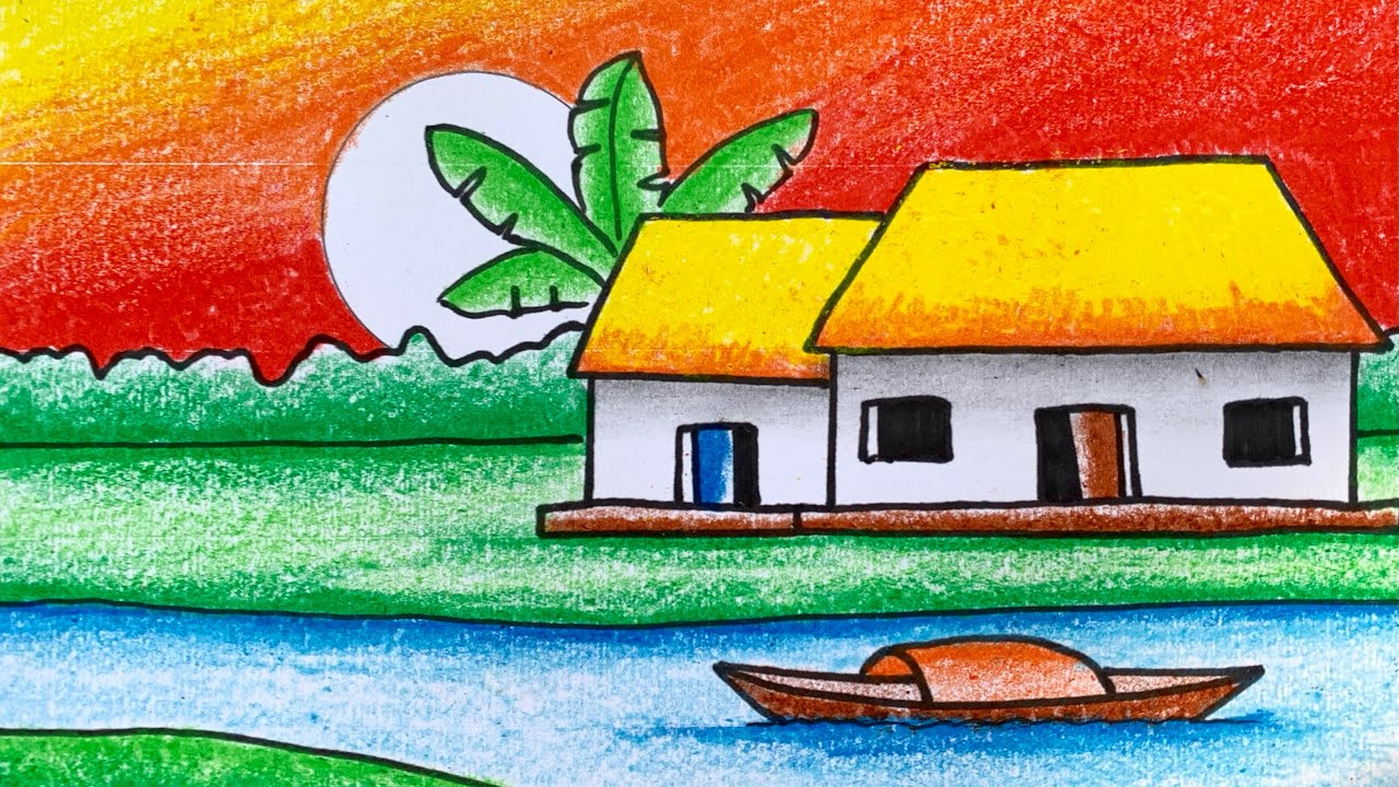 Vẽ ĐỀ TÀI PHONG CẢNH QUÊ EM bằng Màu Sáp | how to draw village scenery #vetranh #vetranhphongcanh
