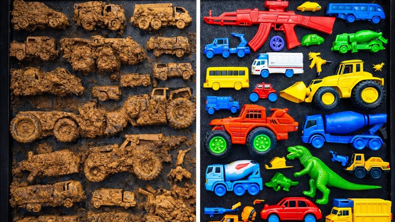 Cleaning toy car, helicopter,bus, tarin, JCB, monster truck, ambulance, animals 