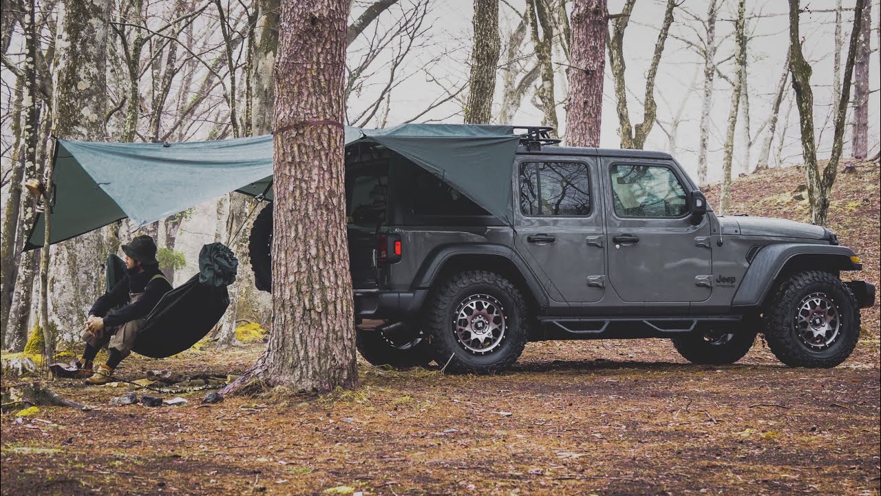 #16 Camping trip with Jeep : ラングラーと雨待ちハンモック泊 - camping , hammock , wrangler , rainy , car tarp