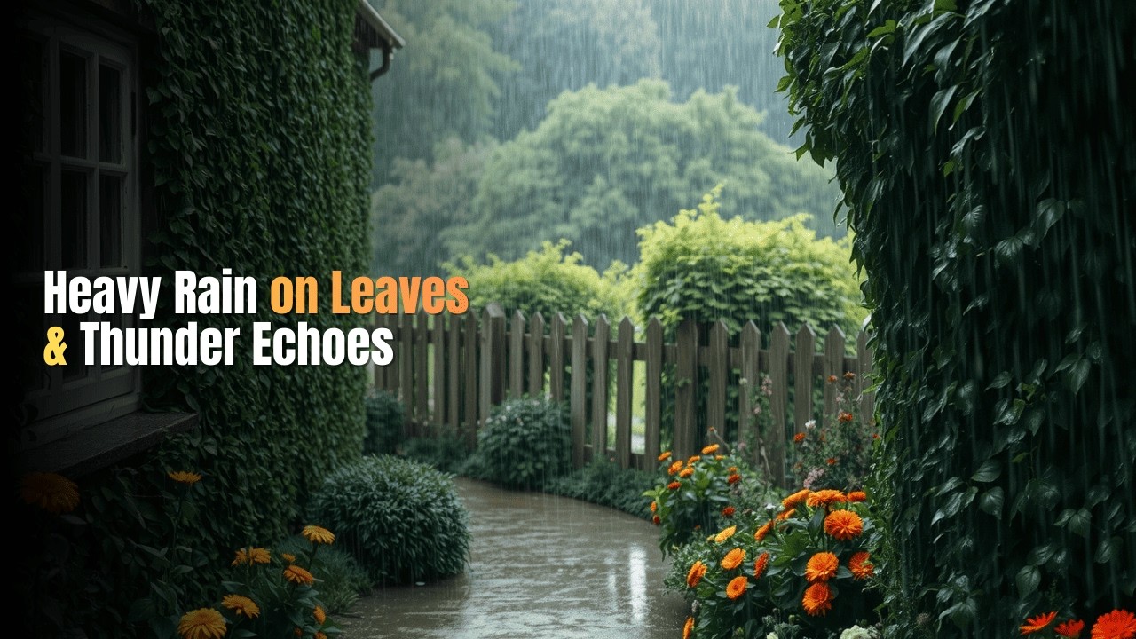 Heavy Rain on Leaves & Thunder Echoes 🌧️ Cottage Garden Storm for Deep Focus | Cozy Keys Sleep