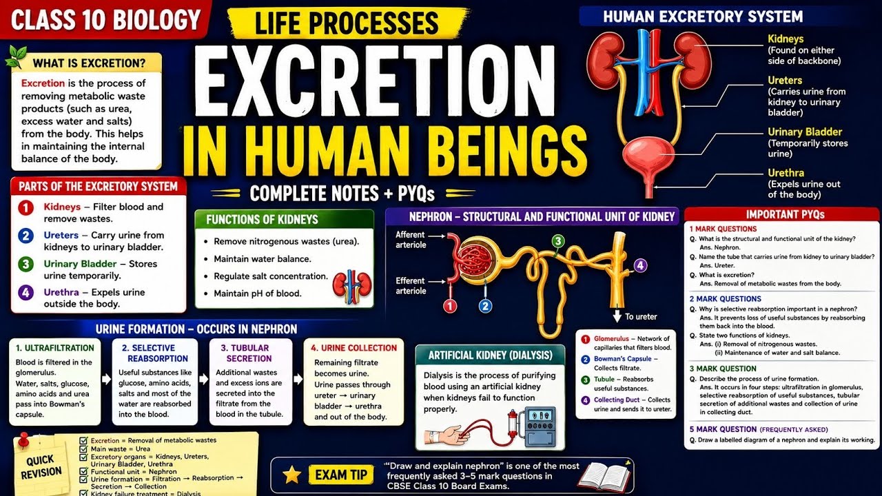 Excretion in Human Beings | Class 10 Biology Chapter 1 | Complete Notes + PYQs | CBSE 2026