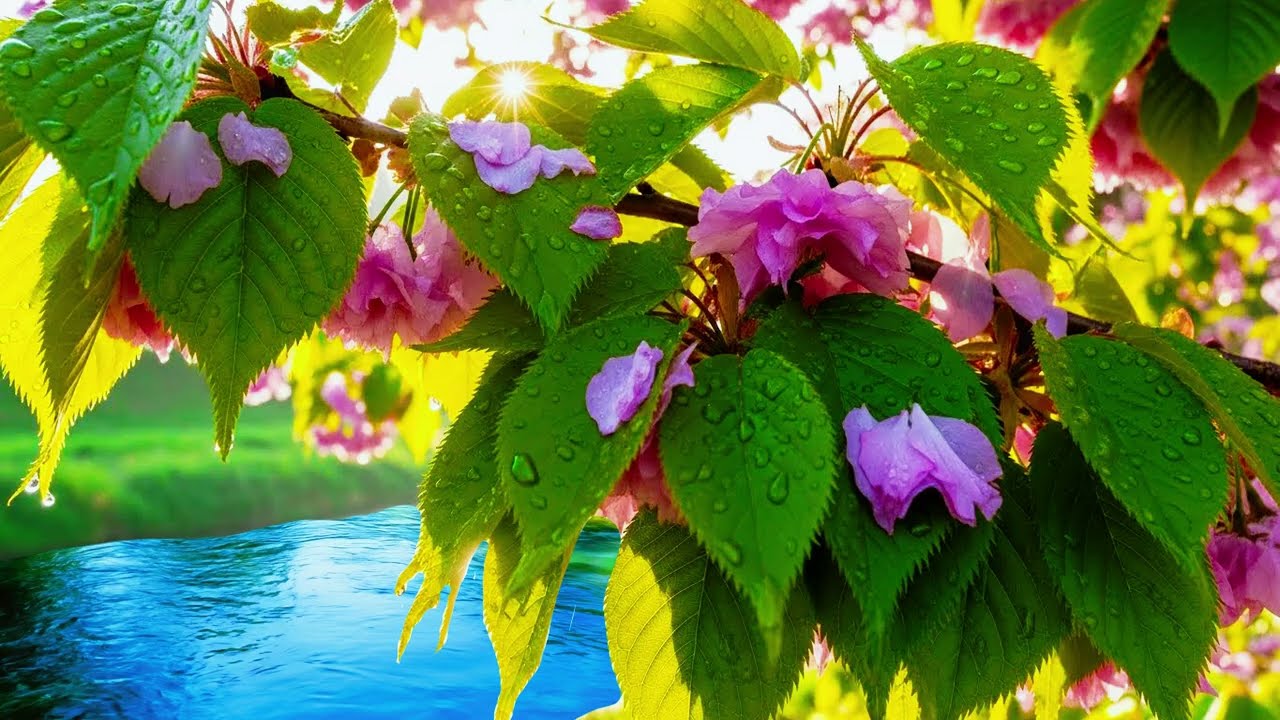 Sunlit Sakura River — Fresh Wet Flowers & Peaceful Nature | Relaxing Music for Calm & Healing