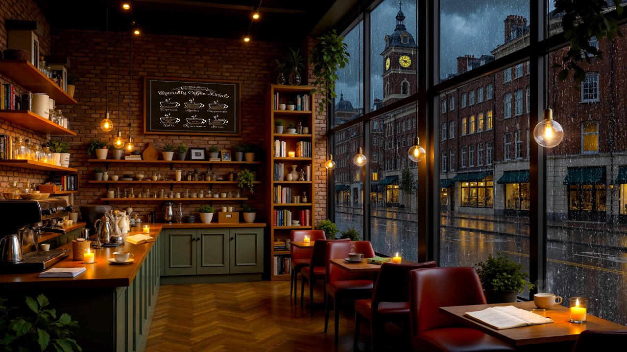 Cozy February Café Ambience & Rainy Street ☕ Jazz Music & Elegant Library for Work, Deep Sleep