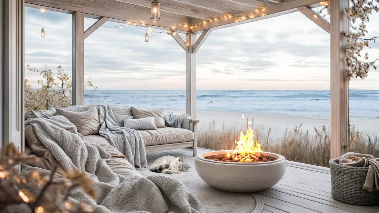 Oceanfront Cozy Retreat | Fireplace & Ocean Waves ASMR for Relax, Focus & Unwind