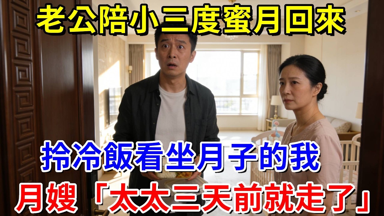 老公陪小三度蜜月回來，拎冷飯來看坐月子的我，月嫂：太太三天前就走了，留了份大禮等你拆！老公回家見眼前一幕嚇傻！#阿木講故事#為人處世#生活經驗#情感故事#養老#睡前故事
