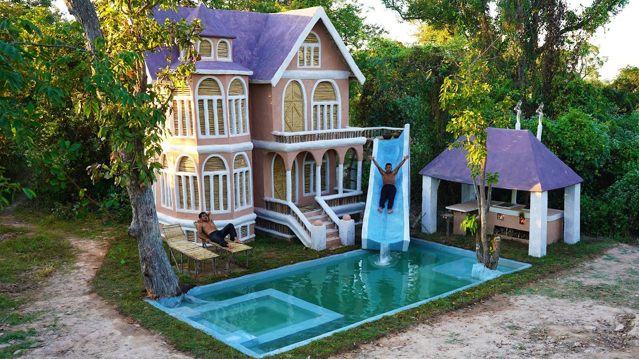 Build Water Slide Park Swimming Pool For Entertainment And Cooking in The Forest