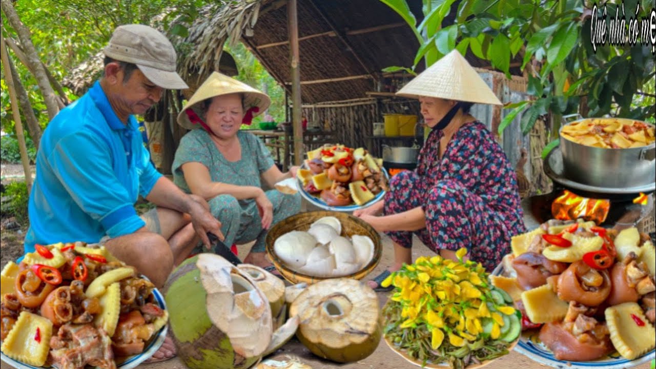 Giò Heo Kho Rệu Cơm Dừa, Rau Muống Bóp Giấm | Bữa Cơm Gia Đình Quê || Hometown meal
