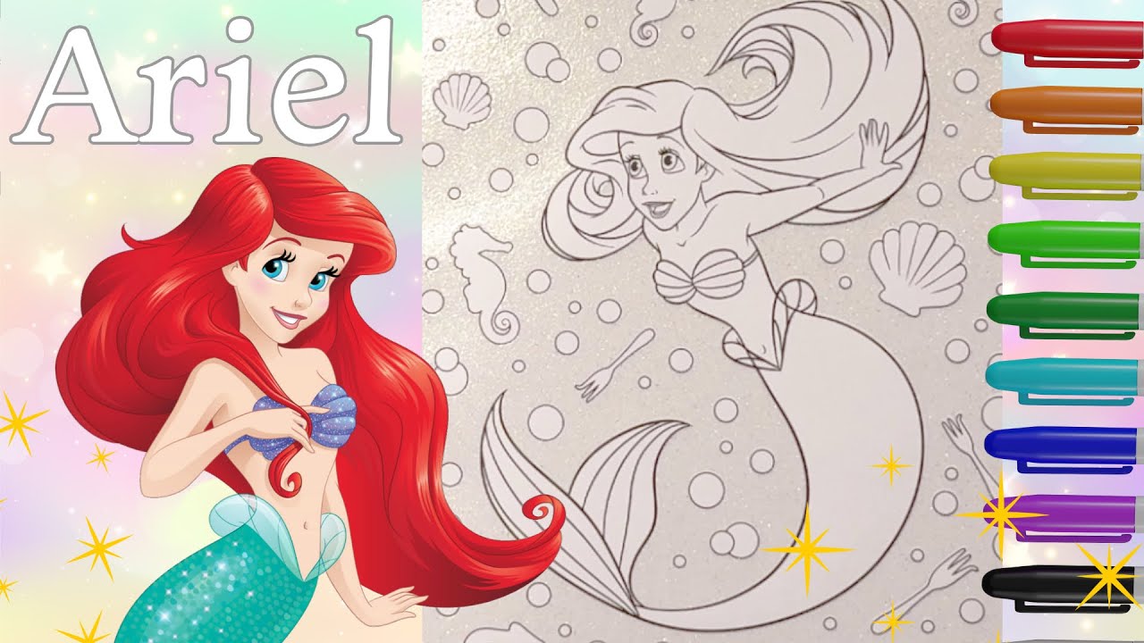 Disney Princess ARIEL Coloring Page | Disney Princess glitter coloring book | Ohuhu markers & more 