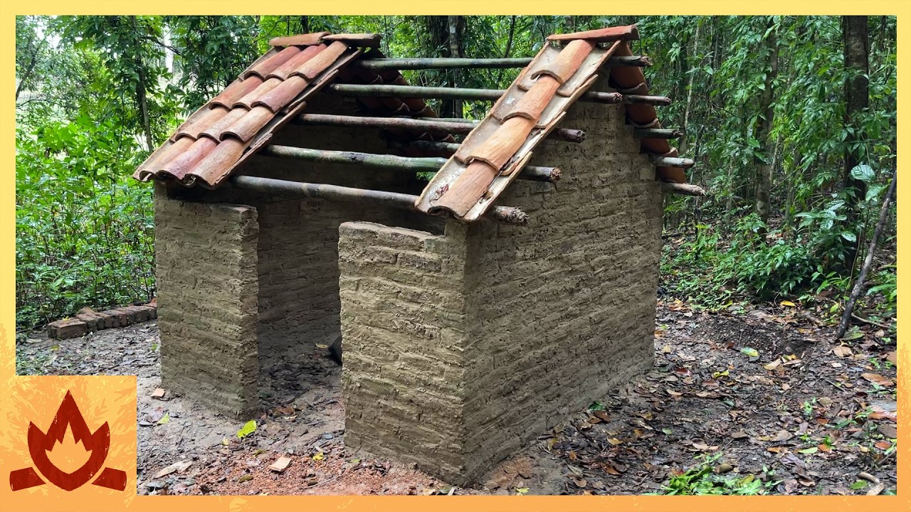 Primitive Technology | Firing tiles and building the roof on the mud mortar/fired brick hut
