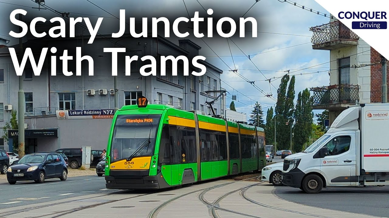 No View - Crossing Three Tram Rails - No Traffic Lights - Scary Junction In Poland