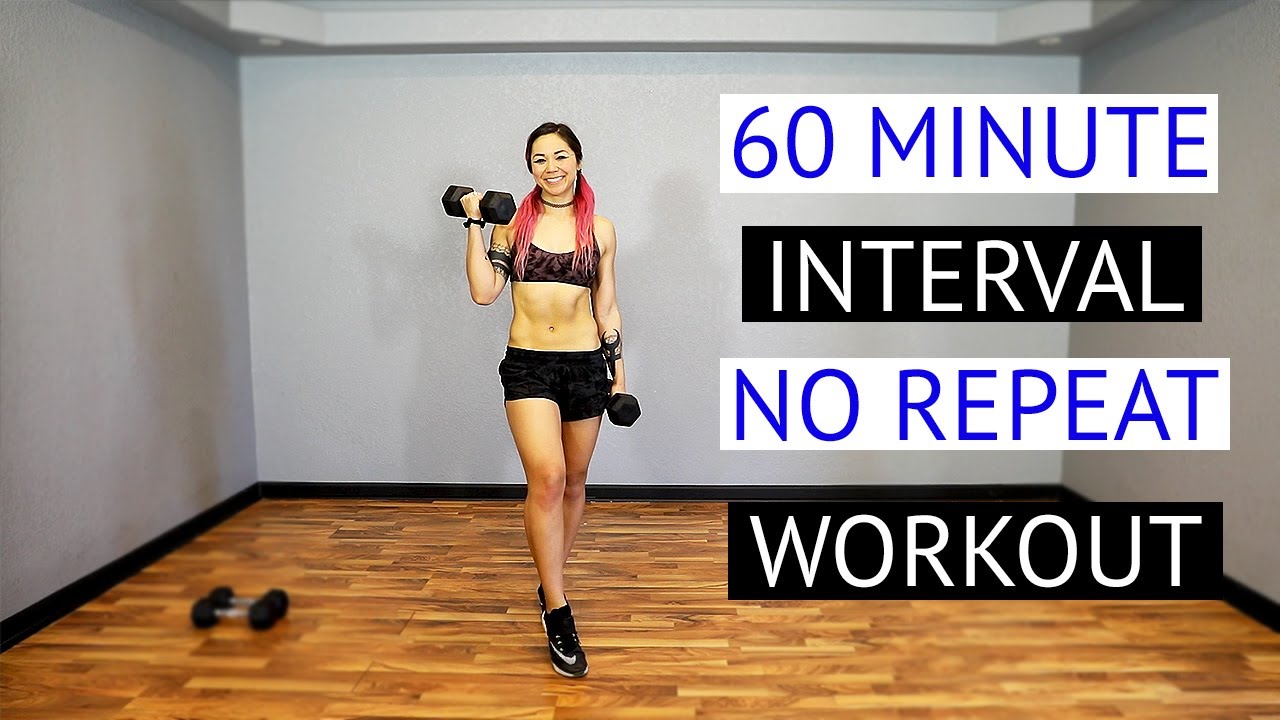 FUN 60 Minute NO REPEAT Interval at Home Workout! | Strength, Cardio & Abs with Dumbbells!
